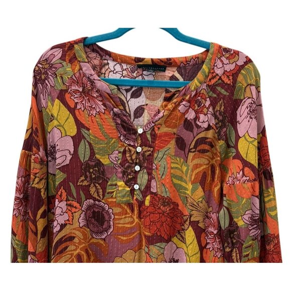 Jane Delancey Womens Floral Purple Gold Metallic Stripe Split Neck XL - Picture 2 of 7